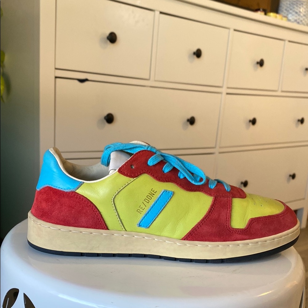 Re/Done Red and Yellow Sneakers with Blue Laces